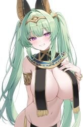 absurdres ancient_egyptian_clothes animal_ears arm_behind_back armlet azur_lane bangle bare_shoulders bracelet breast_curtains breasts circlet cleavage cowboy_shot dancer female fringe_trim gold_trim green_hair grin hand_up highres jackal_ears jewelry large_breasts long_hair looking_at_viewer maggiore_baracca_(azur_lane) maggiore_baracca_(the_god_craves_punishment)_(azur_lane) nannung navel official_alternate_costume pelvic_curtain purple_eyes revealing_clothes smile solo spaghetti_strap stomach twintails usekh_collar very_long_hair