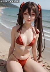 ai_generated beach bikini cute genshin_impact hu_tao_(genshin_impact) long_hair malshac thick thick_thighs tiny_breasts twintails