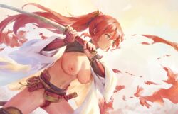 armor bigrbear blue_eyes breasts female female_pubic_hair highres holding holding_sword holding_weapon japanese_armor katana large_breasts long_hair navel original ponytail pubic_hair red_hair red_pubic_hair samurai solo standing sword thighs weapon