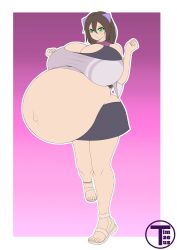 artist_name belly belly_bigger_than_head bloated_belly breasts breasts_bigger_than_head breasts_on_belly brown_hair clothing crop_top flat_colors gigantic_belly green_eyes hair_between_eyes huge_breasts hyper hyper_belly hyper_pregnancy original original_character pink_background pregnant pregnant_female ready_to_pop round_belly short_hair simple_background skirt someone_else's_oc standing timaeus