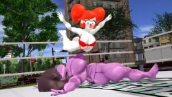 2025 2girls 3d big_ass big_breasts bikini body_slam breasts brown_hair_female camper222 circus_baby_(fnaf) clown_nose crossover deltarune fighting five_nights_at_freddy's:_sister_location freckles_on_face green_eyes height_difference humanoid mmd monster muscular_female on_the_floor outdoors public purple_bikini red_bikini red_hair_female ryona summer_of_87_baby susie_(deltarune) swimsuit tied_hair white-skinned_female wrestling wrestling_ring