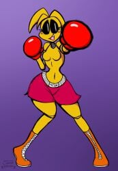 animatronic boxer_briefs boxers boxing boxing_gloves boxing_shorts cannonbaboon cartoon chica chica_(fnaf) chicken digital_drawing_(artwork) digital_media_(artwork) fanart female five_nights_at_freddy's five_nights_at_freddy's_2 fnaf fnaf2 girl girls_only punch robot robot_girl solo topless topless_boxing topless_female toy toy_chica_(fnaf)