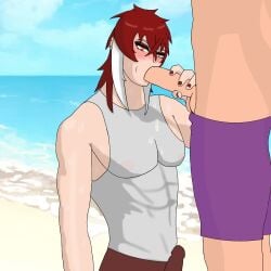 2boys abs ambush_(trap) antonius_drosera beach blowjob cum erect_nipples gay human male male_only multiple_boys muscular_male naked nude_male open_mouth oral oral_sex original original_character penis red_hair sitting swimsuit testicles twink uncensored vtuber yaoi