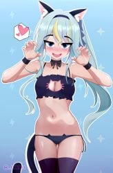 1girls blue_eyes blue_hair cat_ears cat_lingerie chenki cleavage cleavage_cutout female kaminari_clara looking_at_viewer multicolored_hair open_mouth phase_connect phase_connect_jp side_ponytail small_breasts small_waist smiling solo tail virtual_youtuber