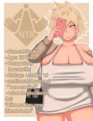 1girls 3d absurd_res absurdres big_breasts blonde_hair breasts brown_eyes cellphone character_sheet cleavage dialogue english_text female half-closed_eyes hi_res high_resolution highres holding_phone imminent_netorare imminent_ntr looking_at_phone mature mature_female milf mitsuki_bakugou my_hero_academia netorare ntr phone shoulder_bag text vyrus_smith white_dress