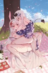 2girls absurdres animal_ears arme_(cgsy7484) barefoot big_boobs big_breasts blanket boobs bottle breasts breasts_out censored censored_pussy commission demon_tail feet female/female female_on_female female_only girl_on_girl grass grey_hair highres homosexual japanese_clothes kimono large_boobs large_breasts lesbian lesbian_sex lesbians long_hair looking_at_viewer mosaic_censoring multiple_girls nipples original outdoors purple_kimono pussy pussy_cumming_on_pussy pussy_juice pussy_juice_stain pussy_juice_trail rabbit_ears red_eyes sake_bottle scissoring soles spring_(season) sweat tail thighs toes tree tribadism vagina white_hair white_kimono yuri