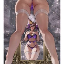 1girls animal_ears ass brown_hair bubble_ass bubble_butt female fox fox_ears fox_girl hi_res high_resolution highres indie_virtual_youtuber large_ass large_butt lingerie low-angle_view mirror purple_eyes rima_evenstar rima_evenstar_(rima_2.0) solo thick_thighs thigh_highs thigh_squish virtual_youtuber wide_hips yealrin