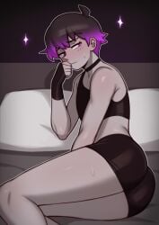 1boy 2d amethyst_(dross) blush crop_top crossdressing cute dross femboy femboy_only jewels_(dross) lying male male_only original original_character purple_eyes purple_hair rory_(dross) short_shorts shy solo solo_male sparkles sweatdrop two_tone_hair