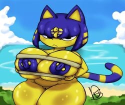 animal_crossing ankha ankha_(animal_crossing) big_areola big_ass big_breasts big_butt big_nipples big_thighs black_eyes blue_fur blue_hair blue_nipples bob_cut color detailed_background digital_drawing_(artwork) digital_media_(artwork) dus duskizi female female_focus female_only glistening glistening_body huge_areolae huge_ass huge_breasts huge_butt huge_nipples huge_thighs looking_at_viewer nintendo pussy shortstack solo solo_female solo_focus thick_ass thick_thighs wide_hips yellow_body yellow_fur yellow_hair