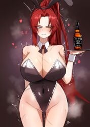 !!!_(artist) 1girls big_breasts blush breasts bunny_ears bunny_girl bunnysuit cleavage embarrassed female femsub gebura_(lobotomy_corporation) heterochromia huge_breasts jack_daniel's large_breasts library_of_ruina lobotomy_corporation long_hair ponytail project_moon red_hair revealing_clothes shaking tattoo trembling twitching waitress whiskey