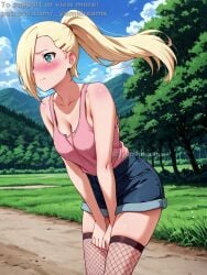 1girls _yumidreams ai_generated bent_over blonde_hair blue_eyes blue_sky denim_shorts fishnets ino_yamanaka kunoichi naruto naruto_(series) naruto_shippuden neckline outdoors patreon_username pink_shirt ponytail thighhighs tree very_long_hair