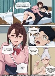 1boy 1boy2girls 2025 2girls ai_generated ayase_momo ayase_seiko comic dandadan detailed doujinshi english_text gakuran hi_res illumaru large_breasts manga miniskirt page_number pants room shirt skirt stable_diffusion sweater takakura_ken_(okarun) text thick_thighs webcomic