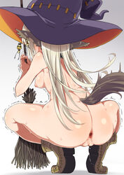 animal_ears anus ass blonde_hair boots breasts broom brown_boots cleft_of_venus earrings female from_behind gradient gradient_background hat heart holding holding_broom jewelry kounosu_satori long_hair mavi-chan mavi-chan_no_junan medium_breasts nipples nude platinum_blonde_hair pussy shiny shiny_skin silver_hair solo spread_anus spread_legs squatting tail thighs trembling witch witch_hat