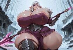 1girls ai_generated areola_slip areolae armor ass big_lips breasts breasts_bigger_than_head butt_bigger_than_body butt_bigger_than_head butt_bigger_than_torso cleavage cleavage_overflow clothed day dragoon elf elf_ears eyepatch female_focus fur_armor gigantic_breasts huge_ass huge_breasts huge_butt hyper hyper_ass hyper_breasts hyper_butt isometria large_ass large_breasts lips massive_ass massive_breasts massive_butt nipple_bulge outdoors overflowing_breasts purple_eyes short_hair skirt snow solo_female thick_thighs thigh_strap tight_clothing white_hair