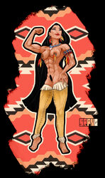 1girls abs big_lips black_hair brown_skin dark-skinned_female dark_hair dark_skin disney disney_princess exposed_breasts exposed_pussy female female_only hand_on_hip muscle muscles muscular muscular_female native_american nipple_piercing nipples piercing pocahontas pocahontas_(character) pubic_hair solo srpng thighhighs