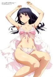 arifureta_shokugyou_de_sekai_saikyou armpits arms_up bare_arms bare_belly bare_legs bare_shoulders bare_thighs belly_button black_hair blush body_blush bow_panties breasts cleavage closed_mouth collarbone groin lingerie long_hair megami_magazine nightgown official_art panties pink_nightgown pink_panties red_eyes shiny_skin small_breasts thighs underwear yaegashi_shizuku