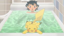 ass bathroom bathtub big_butt dulone duo generation_1_pokemon hair hi_res human looking_at_butt male mammal nintendo nude open_mouth pikachu pokemon pokemon_(species) rodent satoshi_(pokemon) tail teapot_(body_type) tongue tongue_out wide_hips