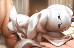 bed_sheet censored cosplay fate/grand_order fate_(series) female ginhaha lying medjed medjed_(cosplay) nitocris_(fate/grand_order) nitocris_(swimsuit_assassin) on_side panties panties_removed purple_hair pussy_juice solo spread_legs underwear