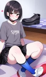 ai_generated big_ass black_hair black_skirt blush brown_eyes choker dick femboy love medium_penis penis shoes skirt smile staspivo