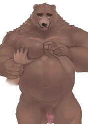 1boy anthro bear brown_hair dark_hair fug@9 furry grabbing male male_focus male_only nipples penis smile ursid ursine