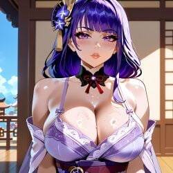 ai_generated big_breasts bra breasts breasts genshin_impact kimono looking_at_viewer oiled purple_eyes purple_hair raiden_shogun seductive tight_fit xland