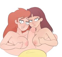 1boy 2girls big_breasts breasts brown_hair clothing double_paizuri female freckles jacqueline_(rick_and_morty) katz-art male male_pov morty_smith multiple_girls multiple_paizuri nipples nude nudity orange_hair paizuri partial_male penis pov red_hair rick_and_morty stacy_(rick_and_morty) straight threesome