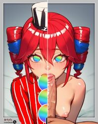 1boy 1girls ai_generated areolae blowjob blue_hair candycookiechocolate clothed clothed_female clothing dango fellatio female food hat huge_cock just_the_tip kasane_teto lips male mind_control multicolored_eyes nipples nude nude_female oral_penetration oral_sex red_hair side_by_side small_breasts straight sucking sucking_penis sucking_tip suggestive suggestive_food teto twin_drills two_tone_hair vocaloid zotyfa