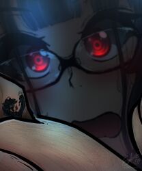 anime_style black_hair close_up ember_naga finger giantess glasses holding_object looking_at_another macrophilia open_mouth original_character pixiv red_eyes shocked shrink shrinking shrunk shrunken