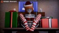 3d absurd_res anthro christmas christmas_clothing christmas_decorations clothing digital_media_(artwork) felid female footwear genitals hi_res holidays mammal momo_(monarquis) monarquis pantherine pubes pussy snow_leopard socks solo