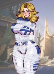 angry_face big_breasts blonde_female blonde_hair blonde_hair blue_eyes blush blush blushing_at_viewer bodysuit breasts cocoon hips invisible_woman invisible_woman_(marvel_rivals) marvel marvel_cinematic_universe marvel_comics marvel_rivals silk spiderweb struggle sugarvoids webbed webbed_hands