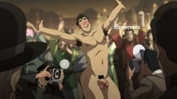 accurate_art_style armpit_hair balls black_hair bolin djunderground123 exhibitionism flaccid green_eyes male male_pubic_hair multiple_boys on_model penis public_nudity screencap_background the_legend_of_korra yaoi