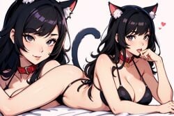 ai_generated bikini bikini_bottom bikini_top cat_ears cat_tail catgirl collar hair_down large_breasts laying_down laying_on_bed makeup suzume_yoru thunder_thighs tongue tongue_out whxsperrai