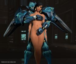 3d black_eyes black_hair blender covered_clitoris dark-skinned_female dark_skin female muscles muscular muscular_female nude overwatch pharah pharah-best-girl raptorion_pharah