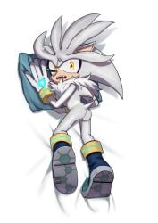 amber_eyes ass bodypillow caked_up dakimakura dakimakura_design grey_body grey_fur hedgehog kosafordraw looking_at_viewer looking_back looking_back_at_viewer male male_only on_bed open_mouth pillow silver_the_hedgehog solo_male sonic_(series) tail