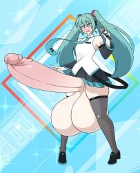 balls_expansion closed_mouth embarrassed full-face_blush futanari gigantic_penis hatsune_miku looking_down penis_expansion scared sequence takano_(artist) vocaloid worried