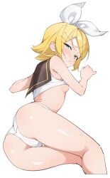 ass ass_focus blonde_hair blue_eyes blush breasts breasts_out from_behind hair_ribbon kagamine_rin laying_down laying_on_stomach panties rakugaki_nye sideboob sweat sweatdrop vocaloid