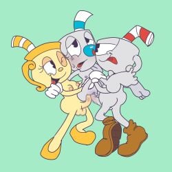 andromorph balls breasts cuntboy cuphead cuphead_(game) dickgirl double_penetration double_vaginal female futanari intersex male moraaaaaaa mosaic_censoring ms._chalice mugman penis pussy sex threesome