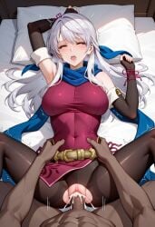 ai_generated bare_shoulders black_pantyhose blue_scarf clothed cum_in_pussy cum_in_pussy dark-skinned_male degenbrecher dress fire_emblem fire_emblem:_radiant_dawn hair_ribbon light-skinned_female long_hair medium_breasts micaiah_(fire_emblem) missionary red_dress sex sleeveless_dress