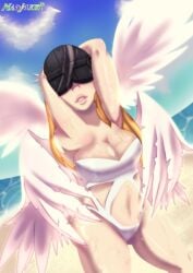 angel angewomon beach big_breasts bikini digimon digimon_(species) digimon_adventure female glossy glossy_lips madjoker monster_girl swimsuit thicc thick_lips thick_thighs wet_body wide_hips wings