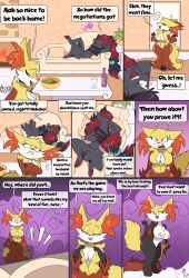 absurd_res anthro balls big_breasts black_body black_fur breasts comic delphox dialogue english_text female fuf fur generation_5_pokemon generation_6_pokemon genitals hair hi_res husband_and_wife inner_ear_fluff male married_couple nintendo nipples nude pokemon pokemon_(species) red_hair text tuft zoroark