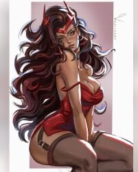 1girl 1girls avengers blush breasts brown_hair cleavage closed_mouth dress earrings garter_straps green_eyes highres jewelry large_breasts lingerie lips long_hair looking_at_viewer marvel marvel_rivals medium_breasts red_dress scarlet_witch scarlet_witch_(marvel_rivals) solo thick_thighs thighhighs thighs wanda_maximoff whailsart