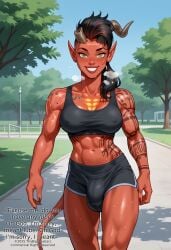 1futa ai_assisted ai_generated baldur's_gate_3 bulge_through_clothing bulge_under_clothes caption demon_girl demon_horns fbb karlach muscular_female red_body red_skin sports_bra sports_shorts sportswear suggestive_dialogue sweating sweaty sweaty_body tattooed_arm tattoos thabiggpaybacc yellow_eyes