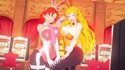 2girls big_breasts blonde_female blonde_hair blue_eyes breasts bunny_ears bunnysuit female long_hair long_hair_female nakadashi_(artist) nipple_slip nora_valkyrie orange_hair orange_hair_female purple_eyes rwby yang_xiao_long