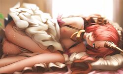 1girls bare_shoulders blush breasts closed_eyes fate/apocrypha fate/grand_order fate_(series) female frankenstein_(fate) ginhaha hair_over_one_eye legs_together looking_at_viewer lying nipples no_bra on_side orange_hair pussy_juice saliva small_breasts solo