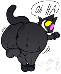 anthro ass bent_over big_butt black_body black_fur bodily_fluids cat_mike_(deltarune) darkner deltarune felid feline fur heterochromia hi_res lucaslora male mammal mike_(deltarune) presenting presenting_balls presenting_hindquarters solo solo_focus sweat tail undertale_(series)