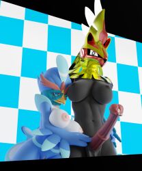 3d animal_genitalia animal_penis anthro blender_(artwork) bone bonepie breasts checkered checkered_background digital_media_(artwork) duo equine_genitalia equine_penis female generation_7_pokemon generation_9_pokemon genitals gesture gynomorph hand_gesture intersex intersex/female legendary_pokemon looking_at_viewer matiley_(bonepie) nintendo ok_sign pattern_background penis pokemon pokemon_(species) quaquaval reach_around shiny_(disambiguation) silvally simple_background size_difference