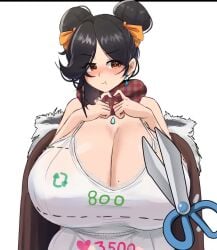 10_seconds 1girls animated big_breasts big_cleavage black_hair breasts breasts_bigger_than_torso busty cleavage double_bun fidgeting hair hair_buns hair_ribbon holding_object huge_breasts large_breasts long_cleavage looking_at_viewer massive_breasts miruyuyo mole_(marking) mole_on_breast mp4 neck_scarf nervous orange_eyes orange_ribbon pout pouting ribbon ribbons scarf scissors shorter_than_10_seconds small_but_busty smile threat twin_buns video worried