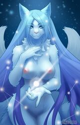 2017 ailaanne anthro blue_eyes blue_hair breasts canine constellation female fox hair long_hair looking_at_viewer mammal mane multi_tail nude reaching_towards_viewer solo star