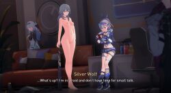 3d absolutely_nothing_on casual_nudity clothed_female_nude_female completely_naked completely_naked_female completely_nude completely_nude_female embarrassed english_text expressionless firefly_(honkai:_star_rail) gray_hair honkai:_star_rail jineisho kafka_(honkai:_star_rail) naked naked_female nude nude_female silver_wolf_(honkai:_star_rail) stelle_(honkai:_star_rail)