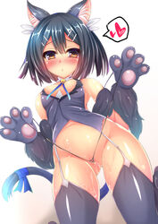 :o animal_ears ass_visible_through_thighs bare_shoulders bell bell_collar black_hair blush breasts cat_ears cat_tail fate/kaleid_liner_prisma_illya fate_(series) female from_below fur_trim hair_between_eyes heart looking_down miyu_edelfelt navel panties panty_pull paws pussy_juice pussy_peek shiny shiny_clothes shiny_skin simple_background solo standing sweat tail tamano_nae thighhighs underwear